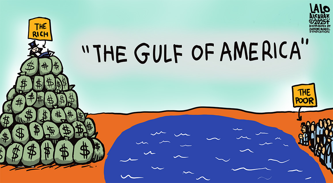 laloalcaraz's tweet photo. Here's the actual Gulf of America... Please share #laloalcaraz cartoons. #incomeinequality #billionaires #wealthgap https://t.co/Bceuddai2t