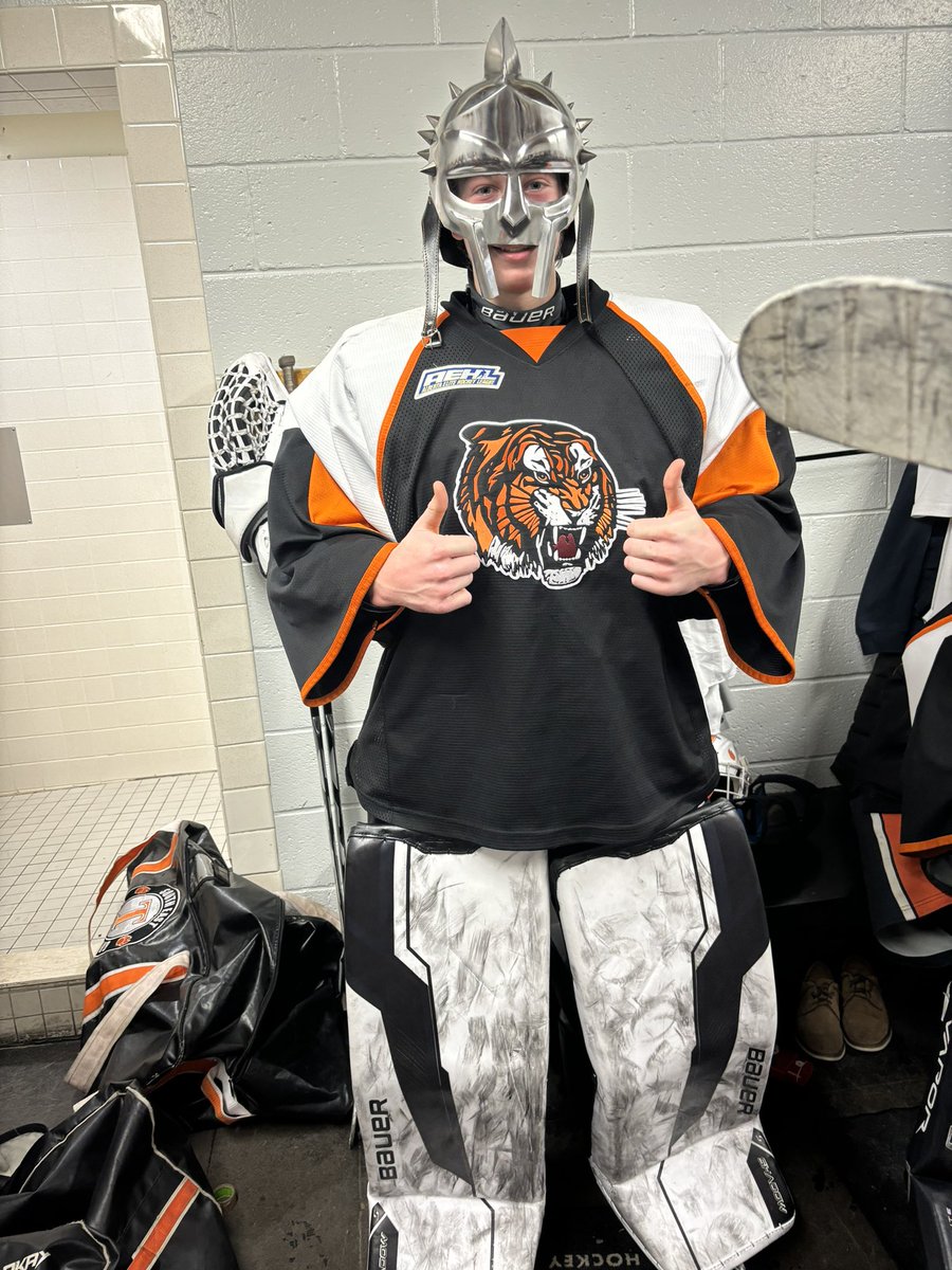 Tigers win over the MLAC Leafs last weekend 6-4. Player of the game is #1 Carson Jerome. “Jerry” was stellar between the pipes to give the tigers a much needed home win.