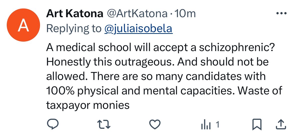 juliaisobela's tweet photo. Whenever I post about my mental illness &amp; being in medical school, there is inevitably a reply like this

This fully demonstrates the stigma around severe mental illness &amp; the low expectations people have for those with SMI &amp; disabilities

We are more than just our illness https://t.co/rerLIt7CEW