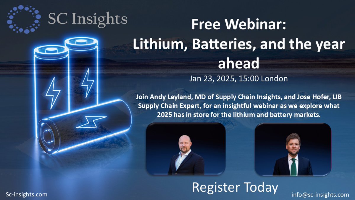 SC Insights: Lithium, Batteries, and the year ahead.
January 23rd at 15:00GMT/10:00EST

Join SC Insightd for an insightful webinar as we explore what 2025 has in store for the lithium and battery markets

Sign up for free: us06web.zoom.us/webinar/regist…