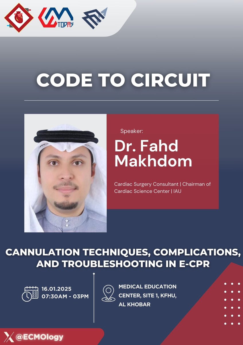 Master the skill of ECMO cannulation with Dr. Fahd Makhdom, as he presents a comprehensive session on Cannulation Techniques, Complications, and Troubleshooting in E-CPR! 🚨