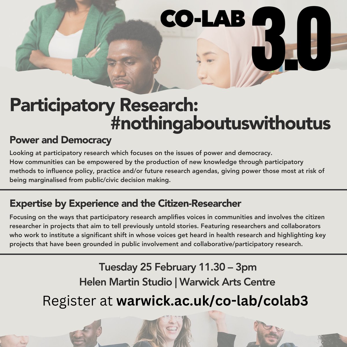 CO-LAB is a sharing forum for researchers, teachers, students and practitioners of all levels of experience at Warwick. CO-LAB 3.0 will focus on participatory research as a form of public engagement and more.

Find out more and register here 👉️ warwick.ac.uk/wie/aboutwie/l…