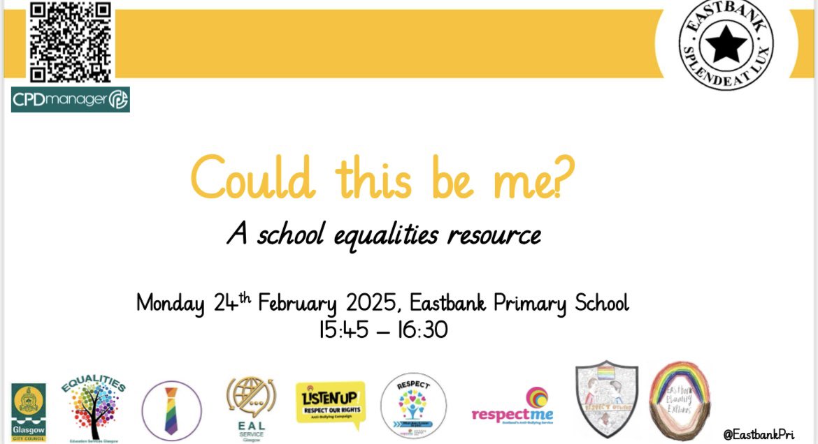Mr Cairns & P2 (@mrcairnsp3) on Twitter photo Are you interested in setting up your own #Equalities working party or pupil group? Would you like to see a ready-made resource that embeds #Equalities across the curriculum? Come join us for βCould this be me?β this February! ππ»ππΌππ½ππΎππΏπ³οΈβπ <a href="/EastbankPri/">Eastbank Primary</a>
glasgow.cpdservice.net/Staff/Courses/β¦ Are you interested in setting up your own #Equalities working party or pupil group? Would you like to see a ready-made resource that embeds #Equalities across the curriculum? Come join us for βCould this be me?β this February! ππ»ππΌππ½ππΎππΏπ³οΈβπ <a href="/EastbankPri/">Eastbank Primary</a>
glasgow.cpdservice.net/Staff/Courses/β¦