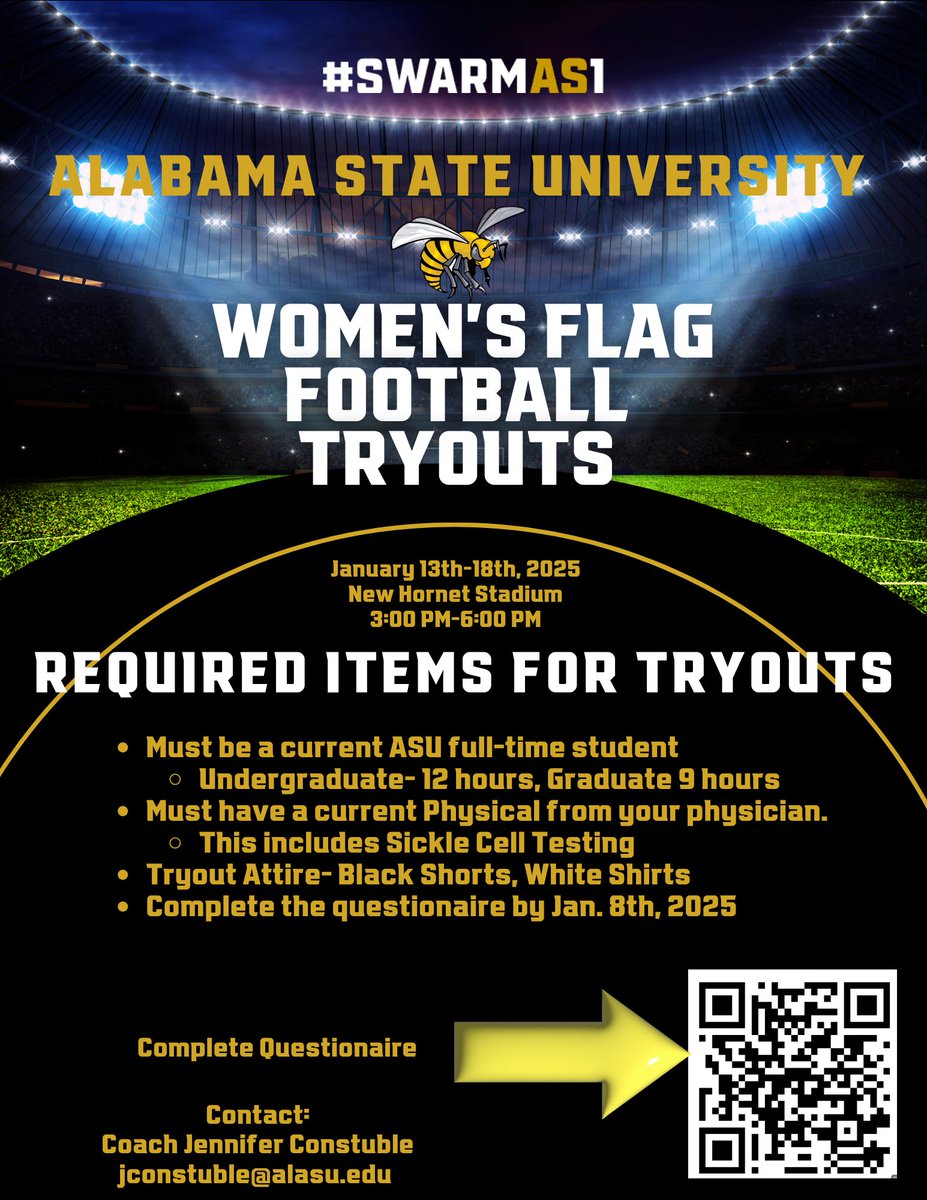 Sign up information for tryouts

- Must be a current ASU student enrolled full-time
- Must have a current physical form from physician (includes Sickle Cell Testing)
- Tryout attire: Black Shorts, White Shirt

Deadline to sign up is Tuesday ! 

Scan the QR code or click the link