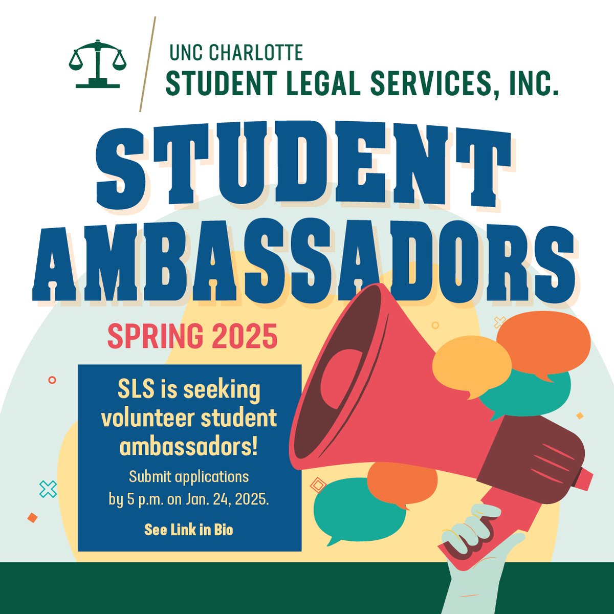 clt_sls's tweet photo. SLS is seeking 4 to 6 student ambassadors to assist with student outreach and engagement during the Spring 2025 term. This is an unpaid, volunteer position focused on representing SLS to the campus community. 

Check link in bio to apply! 

#uncc #unccharlotte #sls #volunteer https://t.co/KiFVpLyU2G