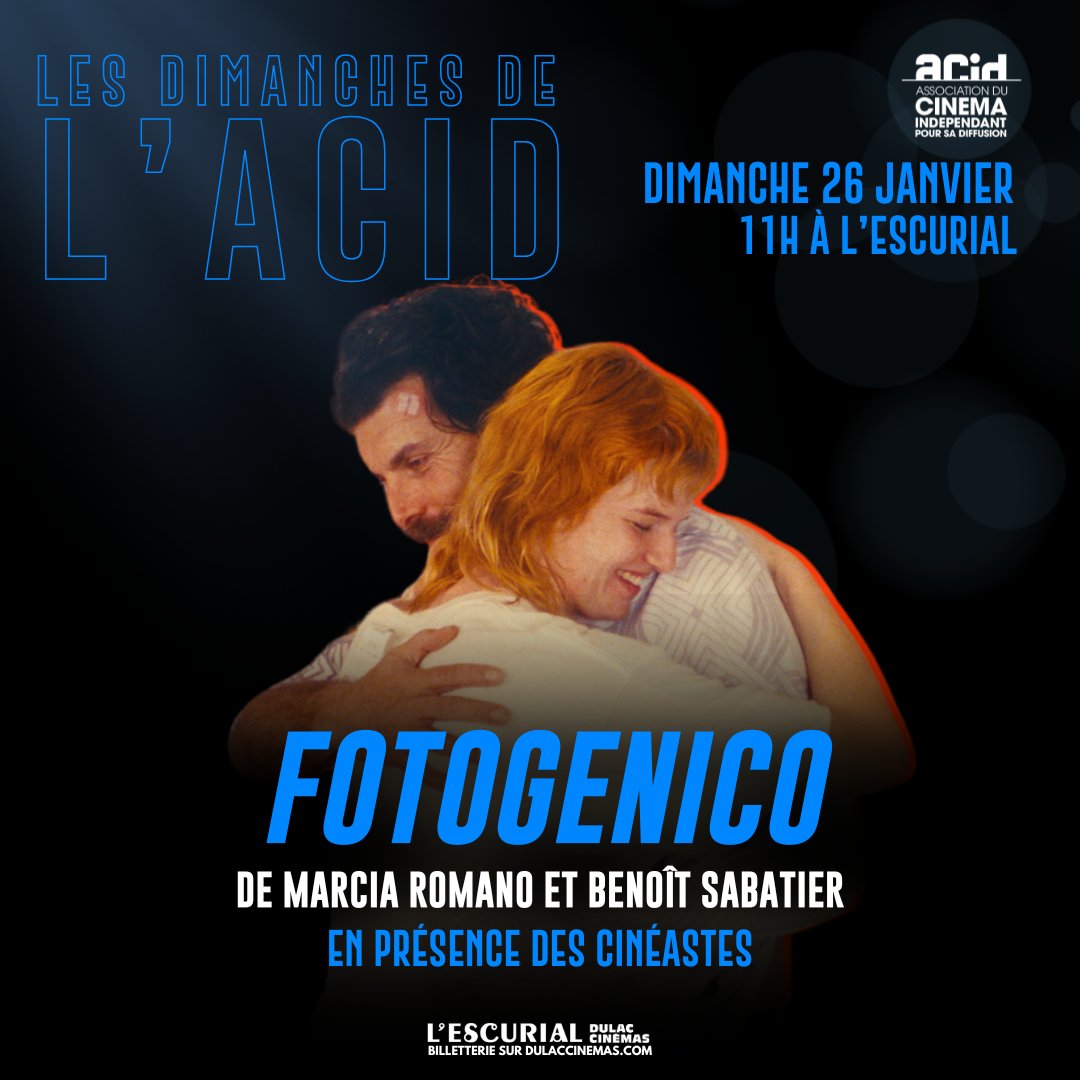 💙 𝐋𝐞𝐬 𝐃𝐢𝐦𝐚𝐧𝐜𝐡𝐞𝐬 𝐝𝐞 𝐥’𝐀𝐂𝐈𝐃

📅 Dimanche 26 janvier à 11h
📍L'Escurial

🎬 𝐅𝐎𝐓𝐎𝐆𝐄𝐍𝐈𝐂𝐎 de Marcia Romano et Benoît Sabatier
Suivi d’une rencontre avec les deux cinéastes, animée par un cinéaste membre de l' @AssociationACID 
-
🎟 bit.ly/ACIDFotogenico