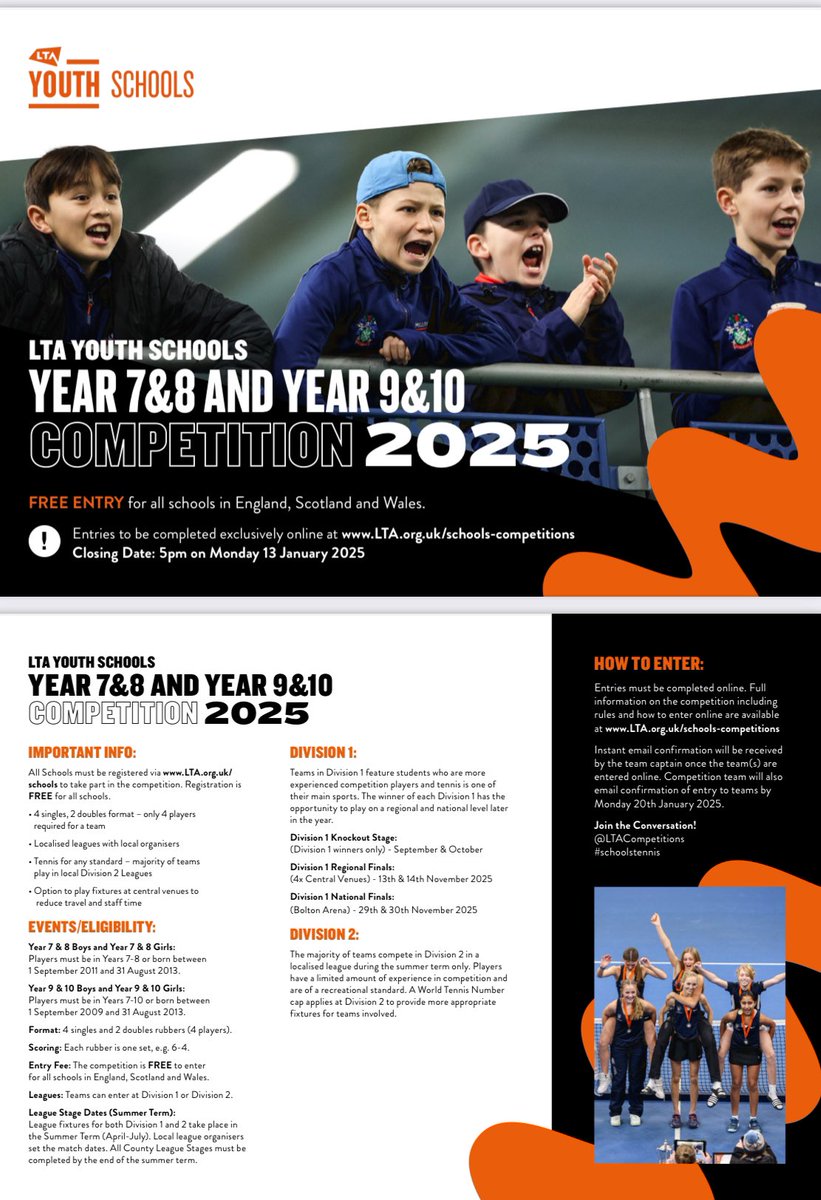 LTACompetitions's tweet photo. *Calling all Secondary Schools*

Our LTA Youth Schools National Championships and Year 7&amp;8 and Year 9&amp;10 competitions are open for entries. 

We have extended the deadline until Monday 20th January at 5pm 🗓️

Don’t miss out! ⏰

Enter here: https://t.co/QOWHDamMA9 https://t.co/VOScHLs67N