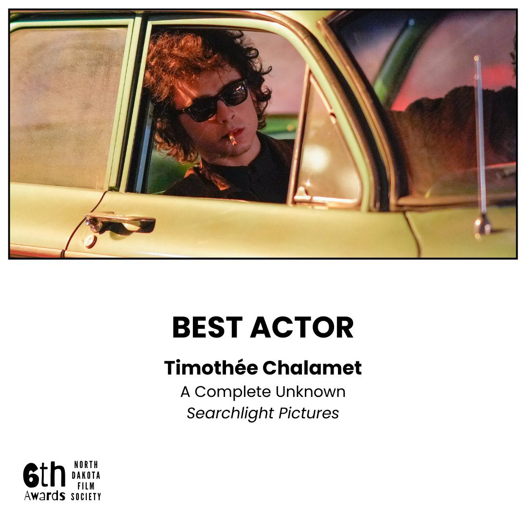 acufilmnews's tweet photo. Timothée Chalamet wins Best Actor at the North Dakota Film Society Awards for A Complete Unknown.

#ACompleteUnknown https://t.co/Co0ySaG6hY