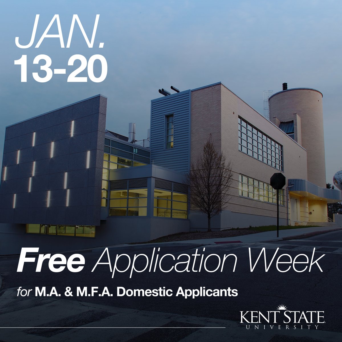 Free Grad Application Week is HERE! 🎉

For domestic students only, if you apply to a graduate program between Jan. 13-20 your application fee will be waived. No fee waiver is needed, the prompt to pay during this time will be removed.

Learn more: kent.edu/art/graduate-p…