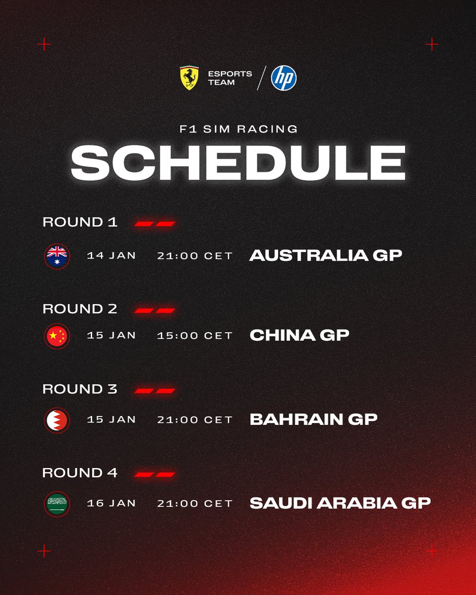 Stop what you’re doing, race week is BACK! The F1 Sim Racing Championship restarts this week and we’ve got four races in three days 🔥

🗓️ Tuesday 14/01 - Australia
🗓️ Wednesday 15/01 - China &amp; Bahrain
🗓️ Thursday 16/01 - Saudi Arabia

#FerrariEsports #F1Esports