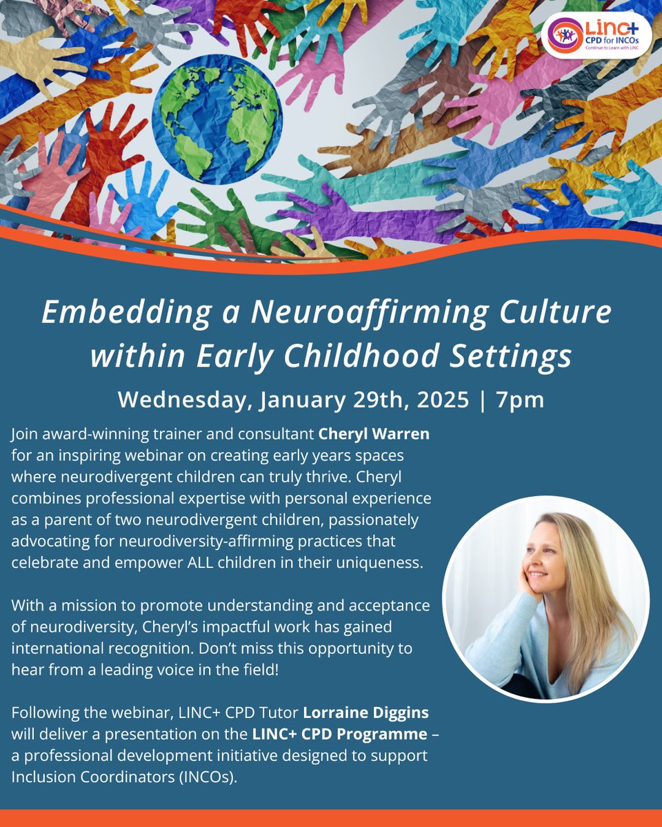 Leadership for INClusion in the Early Years (@linc_programme) on Twitter photo Join <a href="/cherylJ_warren/">Cheryl Warren</a> for an inspiring webinar on Embedding a Neuroaffirming Culture within Early Childhood Settings. Cheryl will share her expertise and passion for creating spaces where neurodivergent children can thrive.
Register Here➡️shorturl.at/7Rt3V
#Neurodiversity Join <a href="/cherylJ_warren/">Cheryl Warren</a> for an inspiring webinar on Embedding a Neuroaffirming Culture within Early Childhood Settings. Cheryl will share her expertise and passion for creating spaces where neurodivergent children can thrive.
Register Here➡️shorturl.at/7Rt3V
#Neurodiversity
