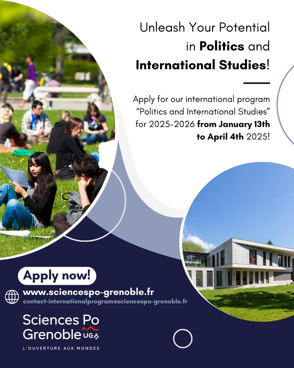 CampusFranceUg's tweet photo. 🎓Sciences Po Grenoble – UGA Call for Applications🌍
👉Bachelor’s program “Politics and International Studies” taught in English
🔗 More info: https://t.co/Og8E9r1WCU
Contact: contact-internationalprogram@sciencespo-grenoble.fr
#studyinfrance #SciencePo38 https://t.co/eYMskH4Yxy