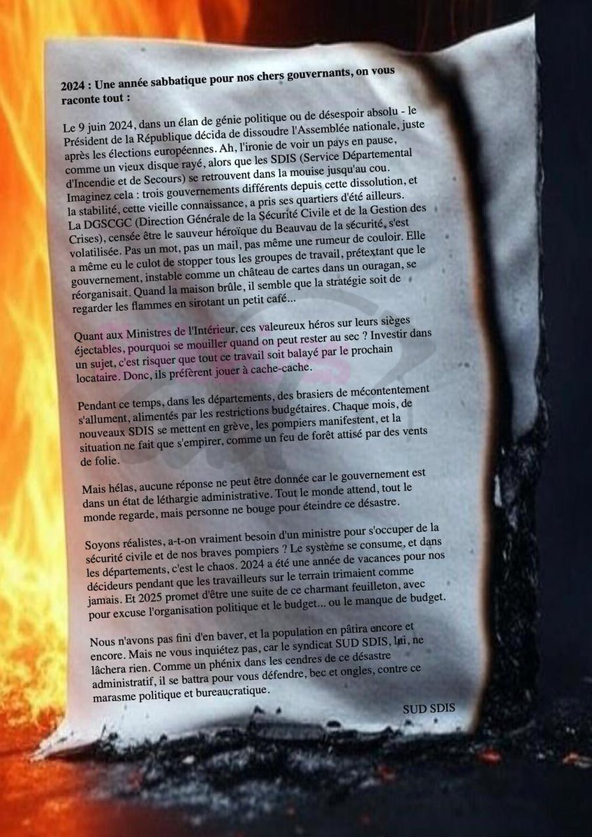 2024, une année sabbatique pour nos gouvernements. Dissolution, instabilité politique, SDIS en grève, pourtant sud sera toujours là pour travailler…