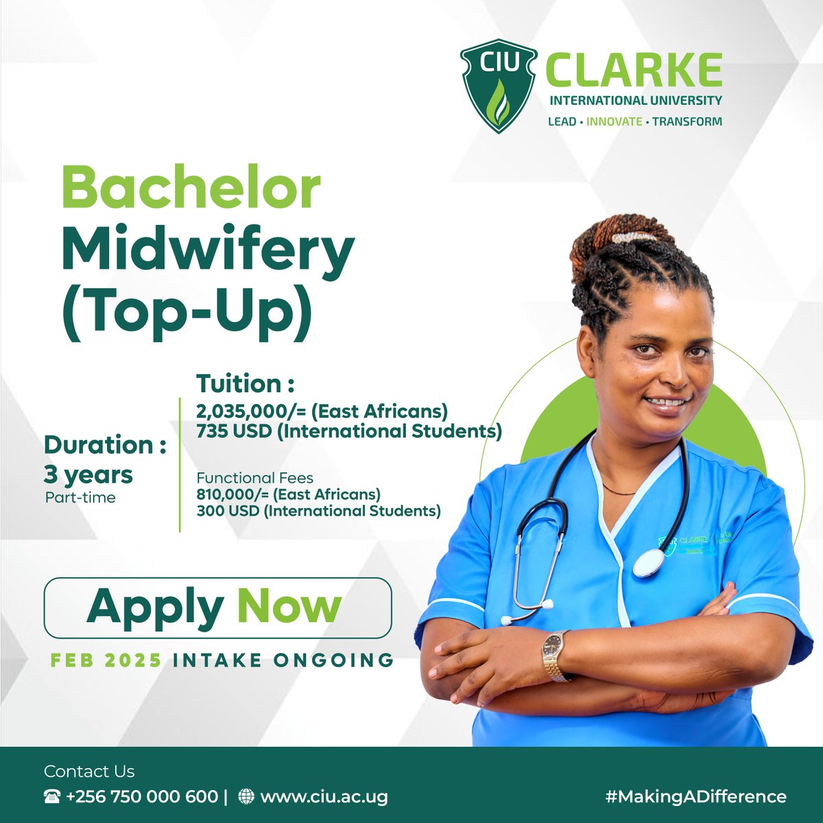 CIUuga's tweet photo. Advance your career with the 3-year Midwives Top-Up program! Designed for practising midwives, this program equips you with advanced skills to excel in maternal and newborn care. Contact us at +256 750 000 600 or visit https://t.co/PGjNzYcBzY. #FebIntake2025 #CIU #Lead #Innovate https://t.co/9Xq19gjHHl