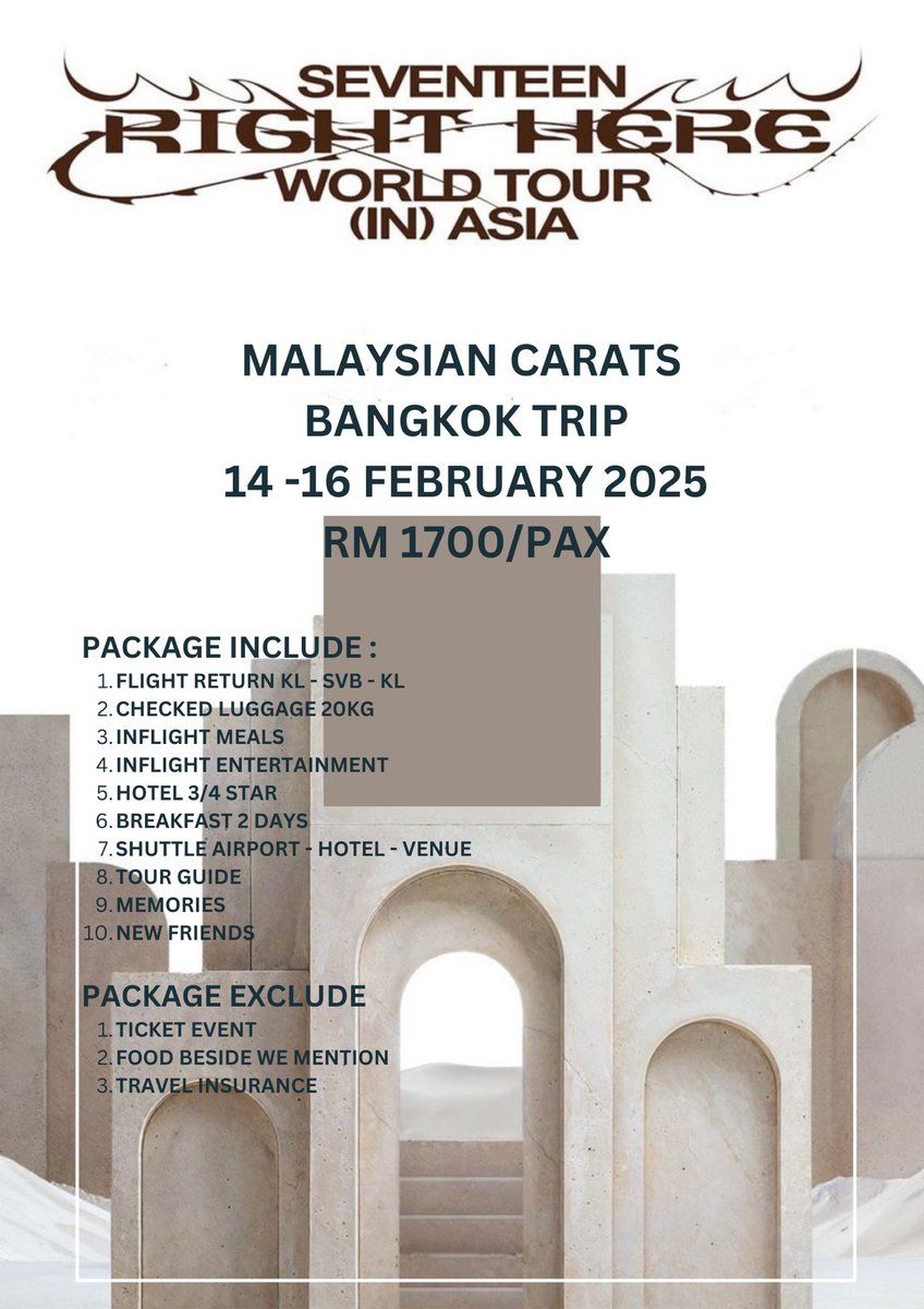 We still available for this 2 package . Hmu for more info and booking

#SEVENTEEN_RIGHT_HERE_IN_JAKARTA 
#SEVENTEEN_RIGHT_HERE_IN_bangkok 
#SEVENTEEN_RIGHT_HERE