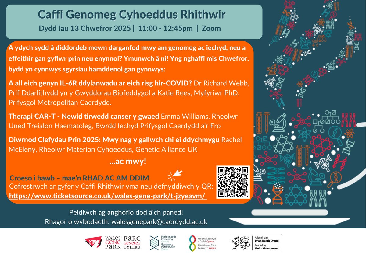📢 First Public Virtual Genomics Café of 2025 is live for registration! 📢 Join us on Thursday 13th February 11-12:45pm for a zoom of talks on genomics &amp; rare disease topics 🧬 ticketsource.co.uk/wales-gene-par… <a href="/GenomicsWales/">Genomics Partnership Wales (GPW)</a> <a href="/ResearchWales/">Health and Care Research Wales</a>