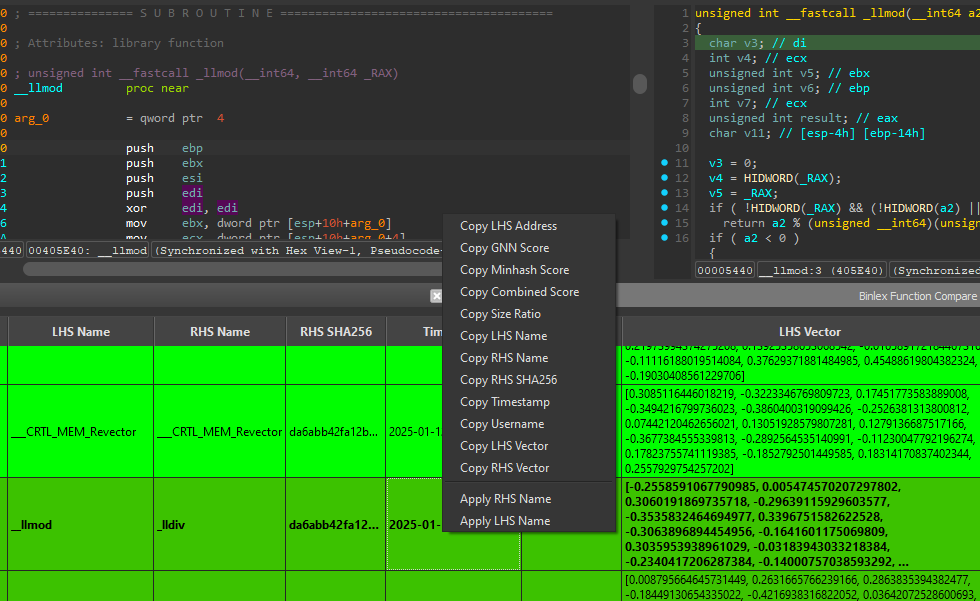 c3rb3ru5d3d53c's tweet photo. 🚀 Excited about #binlex updates! Now featuring:
✅ GNN &amp; Minhash scores
✅ Combined score
✅ Timestamps, usernames
✅ LHS/RHS names, vectors, &amp; size ratios
Coming next: "Accept All" &amp; "Accept Selection" for streamlined workflows.
Check it out 👉 https://t.co/8RGtxFiuBo https://t.co/XkQCoZmes0