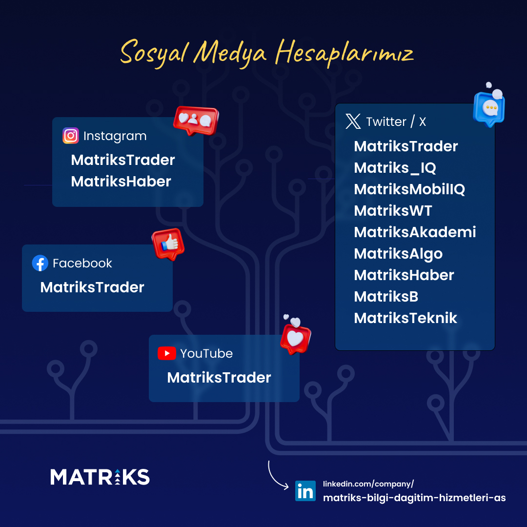 Değerli Takipçilerimiz,
Sosyal medyada Matriks Trader ve Matriks Haber ismini, logosunu ve kurumsal kimliğini kullanarak, şikayetlerimize rağmen, sahte hesaplar açıldığını görüyoruz. Bu hesapların Matriks ile herhangi bir bağlantısı bulunmamaktadır.

⚠️Matriks hesaplarından