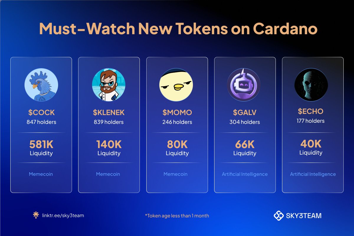 sky3team's tweet photo. 🚀 Must-Watch New Tokens on Cardano! 🚀

The newest players in the Cardano ecosystem are making waves. Here's a quick rundown:

🔵 $COCK - Token of @cockcardano - a new memecoin phenomenon
- 847 Holders
- $581K Liquidity

🐾 $KLENEK - Token of @klenekcoinada - the 1st gamified interactive meme on Cardano
- 839 Holders
- $140K Liquidity

🐤 $MOMO - Token of @MoMoThe_penguin - a chill penguin on Cardano
- 246 Holders
- $80K Liquidity

🤖 $GALV - Token of @norby_io - a #web3 AI assistant! 
- 304 Holders
- $66K Liquidity

🌌 $ECHO - Token of @EgregoreA66341 - pioneering AI Agent on Cardano
- 177 Holders
- $40K Liquidity

⚠️ Note: All tokens are under a month old! Stay tuned as these projects develop in the Cardano ecosystem. 🌟

#Cardano #Crypto #Altcoins #DeFi #sky3team
