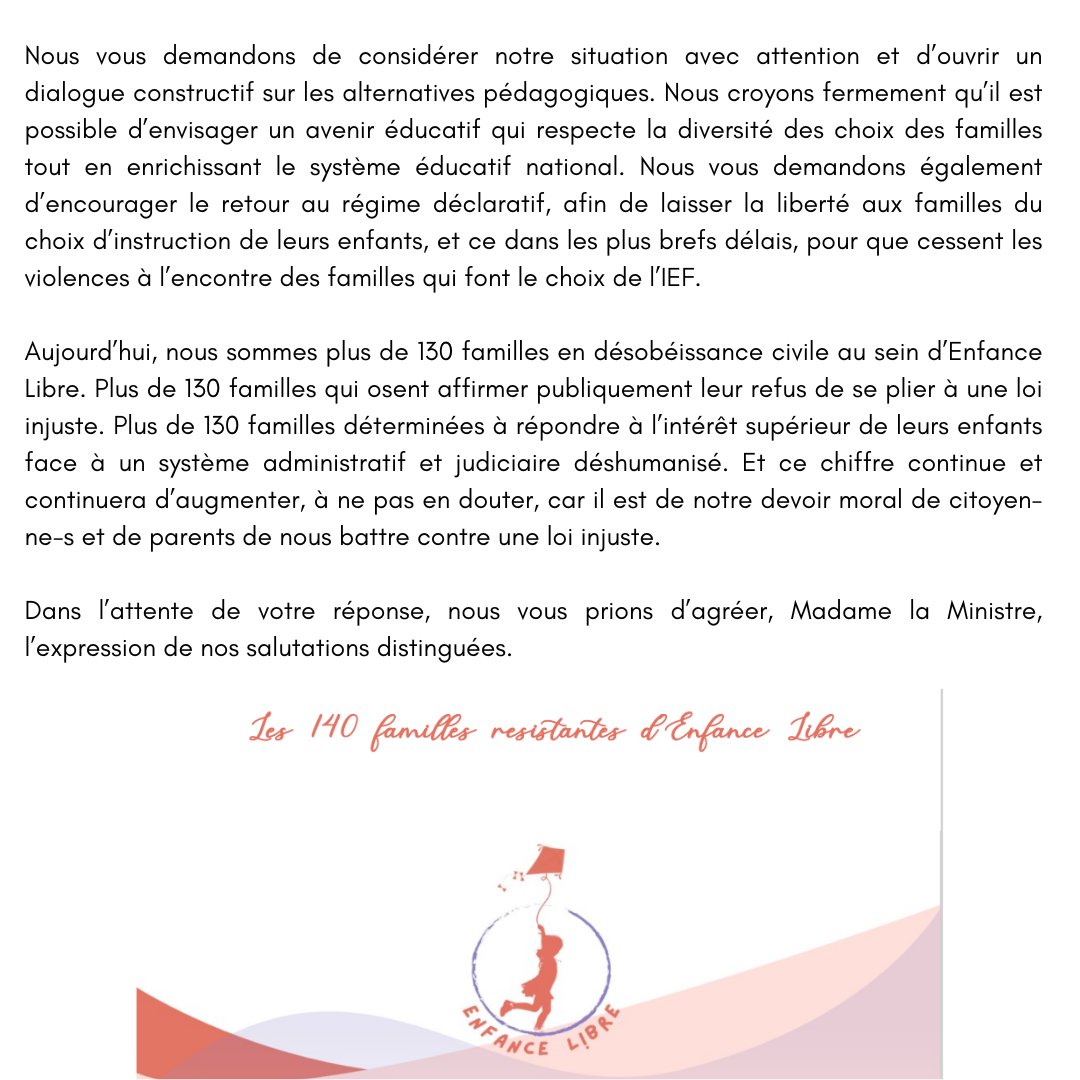 Aujourd'hui, nous souhaitons partager avec vous un courrier adressé à Madame la Ministre de l'Éducation @elisabeth_borne  , qui soulève une question cruciale pour de nombreuses familles : le droit à l'instruction en famille (IEF).