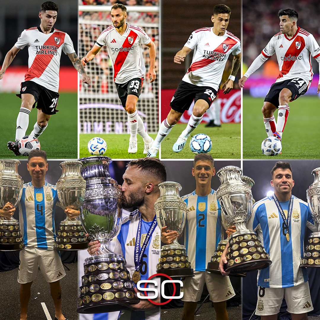 SC_ESPN's tweet photo. ¡MULTICAMPEONES CON LA SCALONETA! La defensa del River de Gallardo... 🔥⚔️🇦🇷 https://t.co/Oj4ilGCe0P