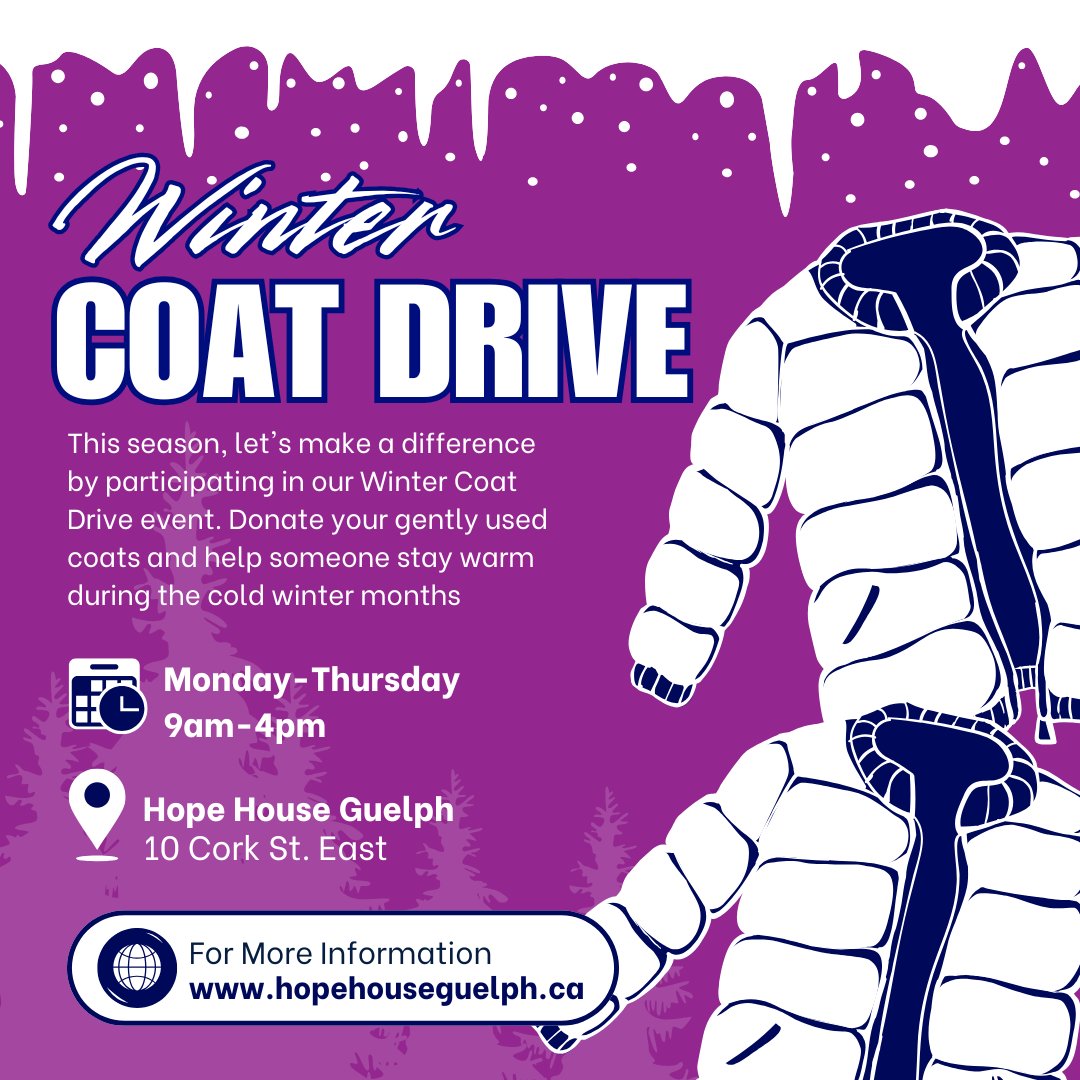 HopeHouseGuelph's tweet photo. We are collecting Winter Coats! If you have a clean winter coat in good shape, we would love it! We are accepting them at reception during any time we are open. Thank you for your generosity.

#HopeHouseGuelph #WinterCoats https://t.co/eJ8GeMuqS4