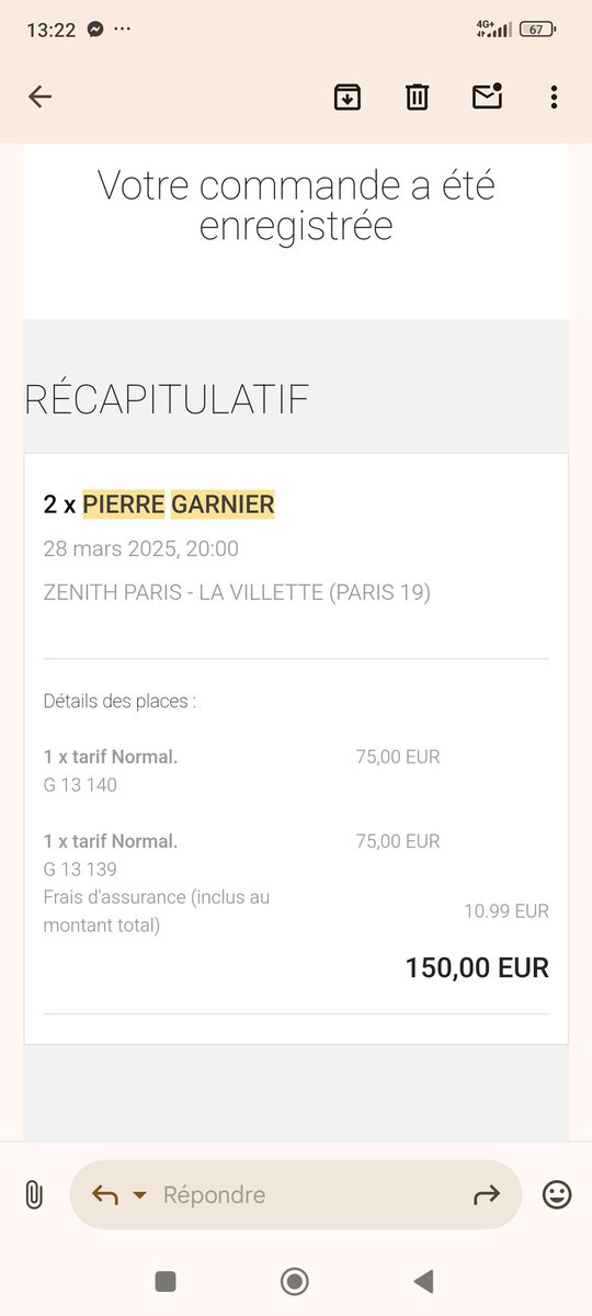 Hello_Swiftie_'s tweet photo. Bonjour, je vends 2 places pour le concert de #PierreGarnier du 28 mars au Zénith de Paris.
Prix 150€ les deux places (prix que j'ai payé)
Contact en DM si intéressé 
#Zenith #concert https://t.co/3SmVOlNh42