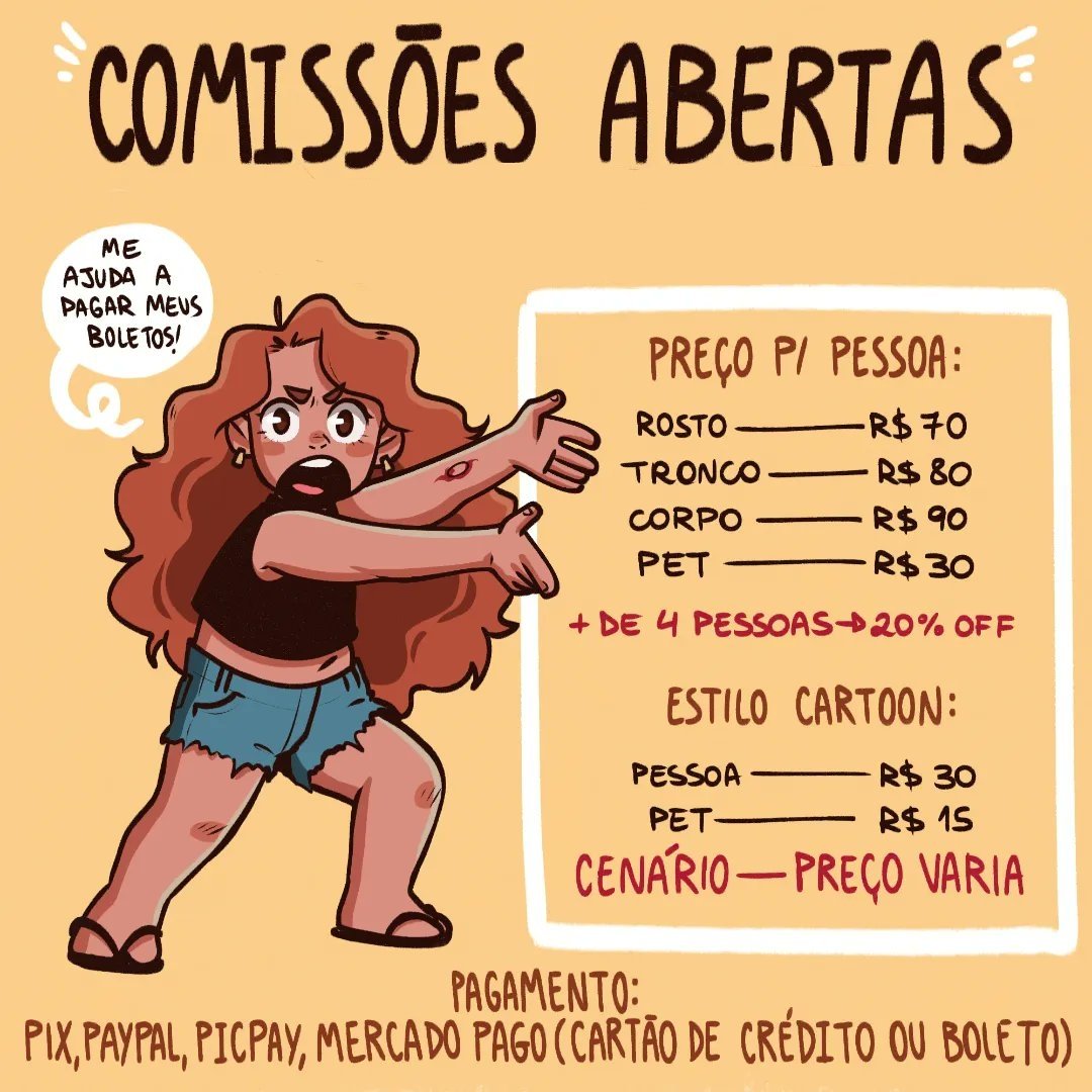 Queria avisar que por motivos de forças maiores (minha cachorra teve infecção de ouvido) eu preciso abrir a agenda pra conseguir um dinheirinho extra 🫠

Estou priorizando trabalhos mais rápidos, como artes de casal, cartoon, projetos grandes precisam ser discutidos.

É isso bjus