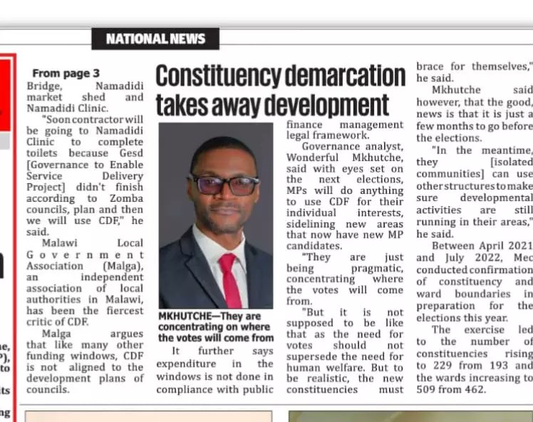 In the Sunday Times newspaper of Jan 12, discussing MPs who are abandoning new areas they won't contest in after constituency demarcation. I think they are just being pragmatic since there won't be votes from the new areas.

What do you think? 🇲🇼🍒