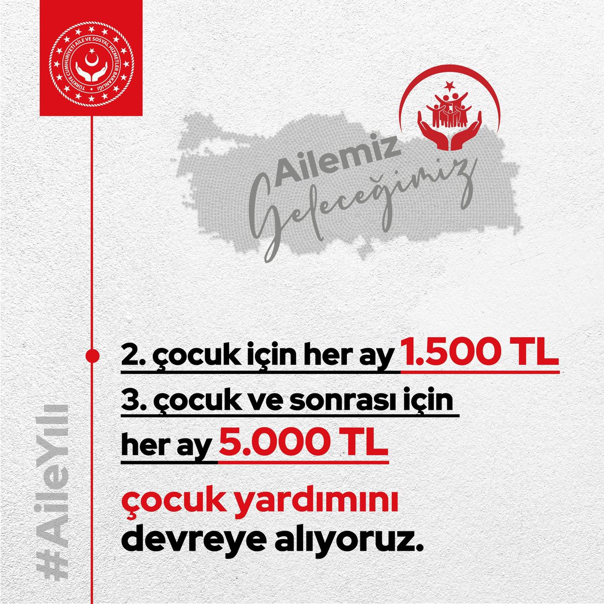 📌 Çocuk yardımlarıyla ailelerimizin yanında olmaya devam ediyoruz!  

2. çocuk için her ay 1.500 TL, 3. çocuk ve sonrası için her ay 5.000 TL çocuk yardımını devreye alıyoruz.

#AileYılı