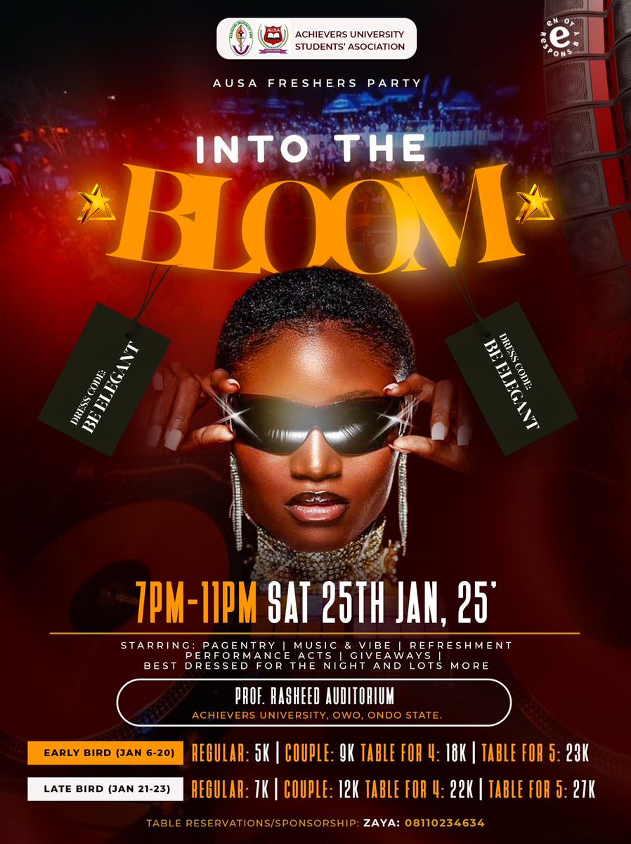 achieversSMC's tweet photo. Step into elegance, music, and vibes 😎✌️ Don't miss 'Into the Bloom' - AUSA Freshers Party of the year🕺💃
#Freshers #Auovibe #sociallive #AUSA https://t.co/Uhzyknmpb3
