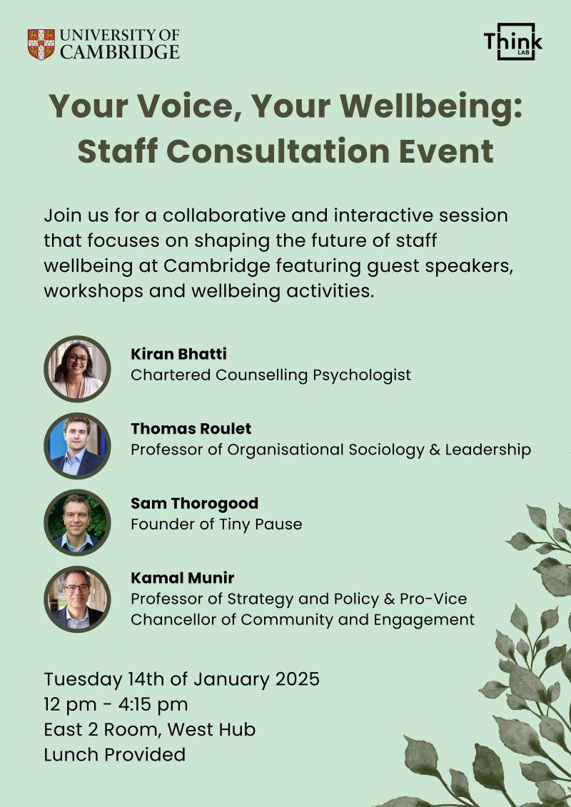 Tyler Shores (@tylershores) on Twitter photo Hey <a href="/Cambridge_Uni/">Cambridge University</a> Colleagues,
We are hosting a new event on working together to shape the future of #Cambridge staff #wellbeing.
Please share!
š
Tuesday, 14 January 2025, 12PM
š West Hub
š½ļø Free Lunch!
Info and register here: lnkd.in/dChfyQM7 Hey <a href="/Cambridge_Uni/">Cambridge University</a> Colleagues,
We are hosting a new event on working together to shape the future of #Cambridge staff #wellbeing.
Please share!
š
Tuesday, 14 January 2025, 12PM
š West Hub
š½ļø Free Lunch!
Info and register here: lnkd.in/dChfyQM7