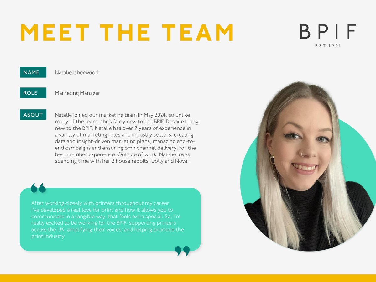 BPIF - The Heart of British Print (@bpif) on Twitter photo This is Natalie the BPIF Marketing Manager...
Managing the team, Natalie is involved in everything that happens in Marketing, whether that's social media, emails, website content or print.
Any questions send them her way! - marketing@bpif.org.uk
#meettheteam #marketing #print This is Natalie the BPIF Marketing Manager...
Managing the team, Natalie is involved in everything that happens in Marketing, whether that's social media, emails, website content or print.
Any questions send them her way! - marketing@bpif.org.uk
#meettheteam #marketing #print
