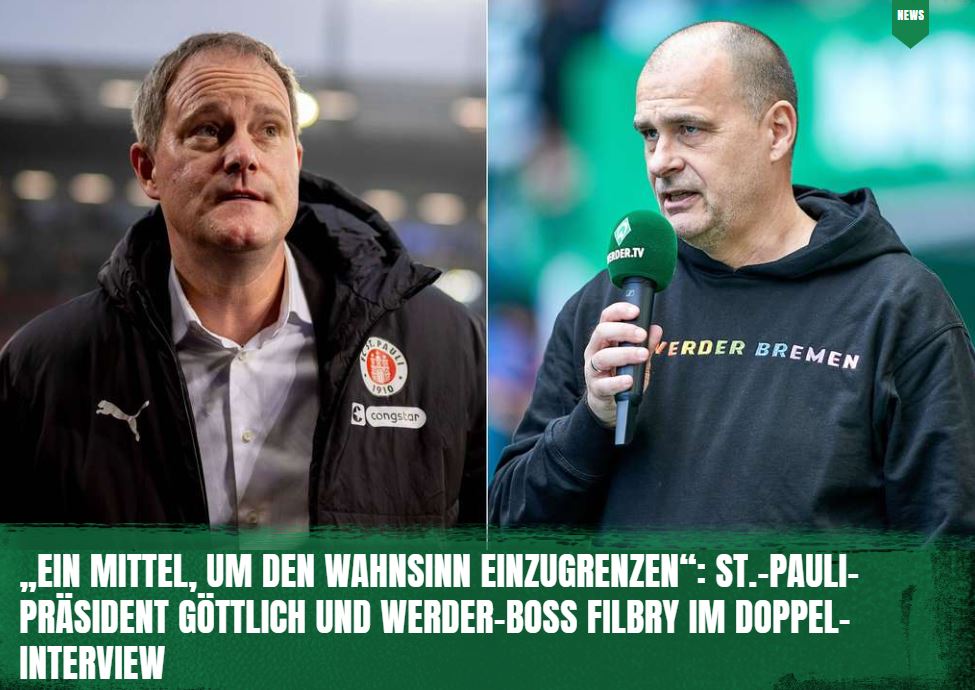 DeichStube's tweet photo. #Werder-Geschäftsführer Klaus #Filbry und Oke #Göttlich, Präsident des FC #StPauli, diskutieren im Doppel-#Interview über #TVGeld-Verteilung, Gehaltsobergrenzen und die Zukunftsperspektiven des Profifußballs👉https://t.co/9ncDUM9McE
#Bundesliga https://t.co/l4YIl7aDMv