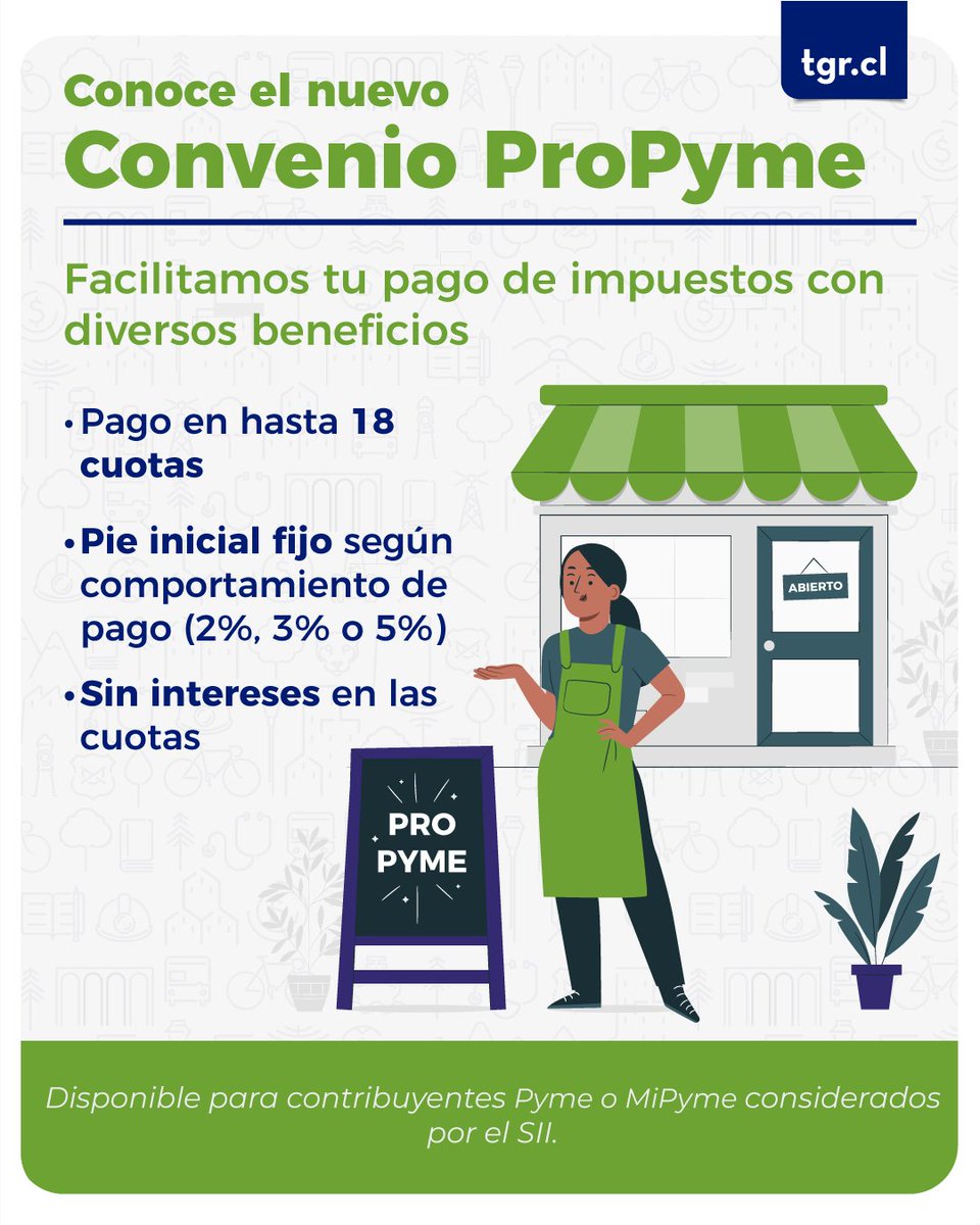 tgrchile's tweet photo. 💡 Conoce tus beneficios #ProPyme y ponte al día con tus impuestos. 

Accede a: 
✅ Un plazo de pago de hasta 18 cuotas. 

✅ Pie de 2%, 3% o 5% fijo, dependiendo del comportamiento de pago. 

✅ Sin intereses sobre las cuotas. 

Conoce los detalles en https://t.co/2cGOtzr39u https://t.co/AAB7P5SOd0