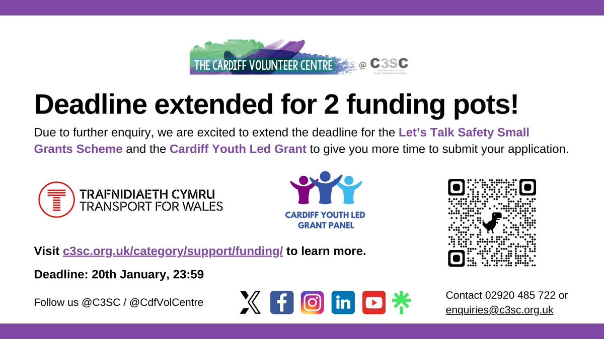 🚨 Subject to enquiries about two of our  #funding pots, we have extended the deadline of the Let's Talk Safety Small Grants Scheme and the Cardiff Youth Led Grant Scheme (Expressions of Interest).

Visit c3sc.org.uk/category/suppo… to learn more.

Deadline: 20th January, 23:59