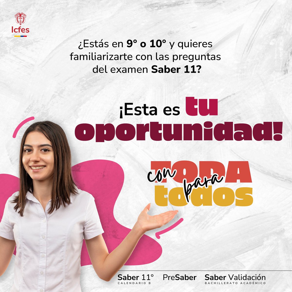 ¡Familiarízate con las pruebas de Estado! 📚 ¿Quieres presentar la prueba Saber 11? Prepárate con la prueba Pre Saber calendario B, una experiencia similar que te ayudará a conocer tus fortalezas y áreas de mejora. Ingresa aquí: bit.ly/424ccq3 #ConTodaParaTodos