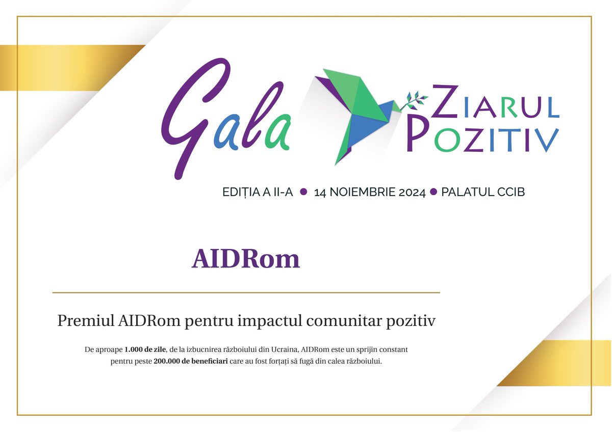 Congratulations to ACT member AIDRom for receiving the Positive Community Impact Award at the Ziarul Pozitiv Gala last week.  AIDRom has supported over 200,000 refugees and other vulnerable people impacted by the ongoing war in Ukraine, providing material assistance, educational