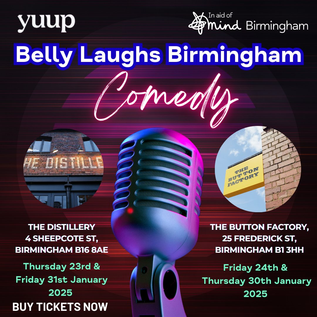 Grab your tickets for Birmingham Belly Laughs
Join us at
<a href="/DistilleryB16/">DistilleryB16</a> - 23rd &amp; 31st Jan &amp;
<a href="/Button_Factory/">The Button Factory</a> - 24th &amp; 30th Jan 

Tickets are just £30

Tickets available now
🎟️ bit.ly/426PRID