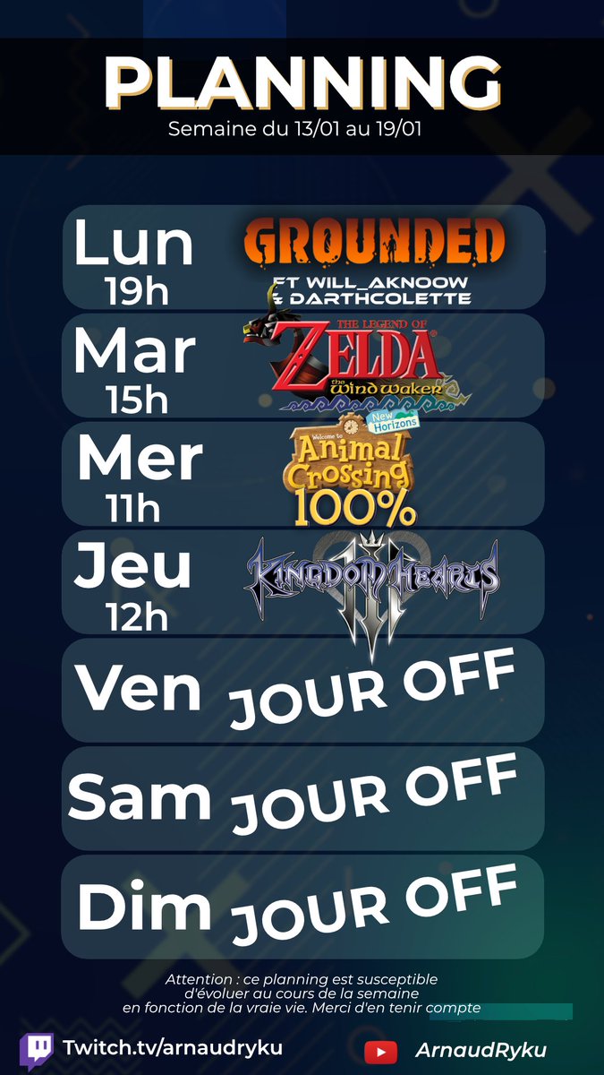 PLANNING DE LA SEMAINE !

⚠ Sachez aussi que ce soir à 19h je vous annonce les dates pour :
- LE 24H ACNH 
- Le Stream Cuisine II avec <a href="/Darth_Colette/">Darth Colette 🇨🇭</a> 
- Le Quiz de Janvier sur Kingdom Hearts

Plein de choses qui arrivent très vite ! 
Bonne semaines !