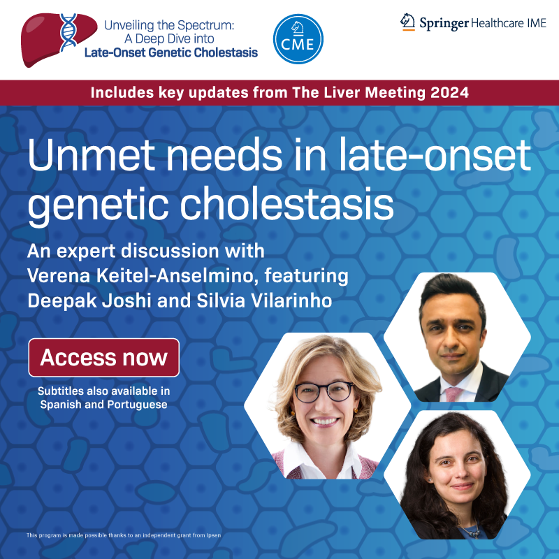 SpringerIME's tweet photo. Discover this CME-accredited expert discussion, highlighting unmet needs in late-onset genetic cholestasis and providing guidance on the use of genetic testing in diagnosis and early management, referencing key trials and updates presented at The Liver Meeting 2024.