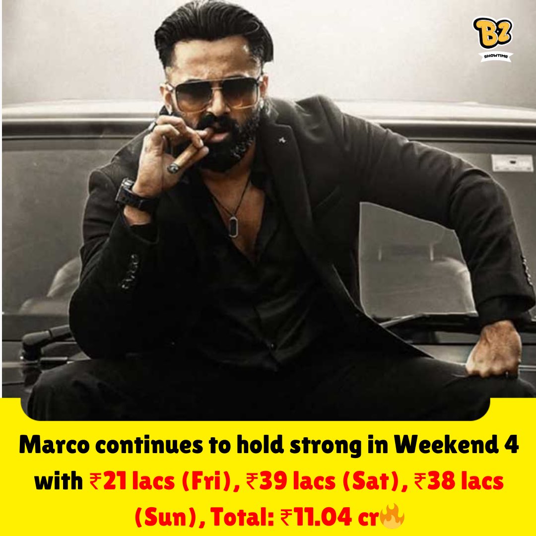 buzzzookashow's tweet photo. Steady growth for #Marco despite the odds! π₯
Weekend 4:
π¬ Fri: βΉ21 lacs
π¬ Sat: βΉ39 lacs
π¬ Sun: βΉ38 lacs
Total: βΉ11.04 cr
The journey continues! π
#marco #unnimukundan #weekend4 #buzzzookashowtime https://t.co/Ldg6dXiFTl