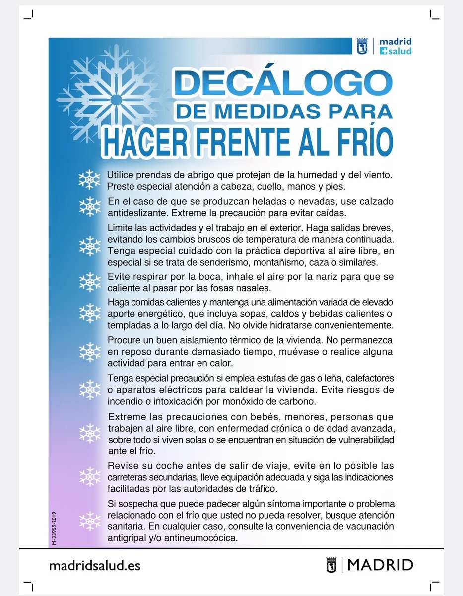 Ante la previsión de <a href="/AEMET_Madrid/">AEMET_Madrid</a> de bajas temperaturas, que en la próxima madrugada podrían llegar a -4°C en #Madrid, la <a href="/ComunidadMadrid/">Comunidad de Madrid</a> ha activado la alerta por #frío en su nivel 2 (riesgo alto).
Os dejamos la #predicción y unos #consejos de <a href="/madridsalud/">Madrid Salud. Ayuntamiento de Madrid</a>