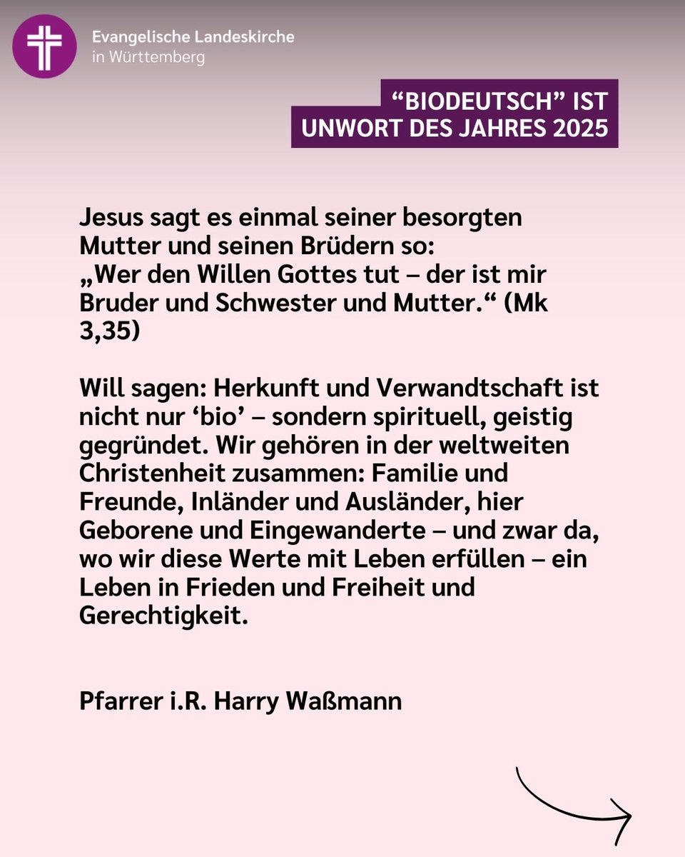 Als Unwort des Jahres 2024 hat die Jury aus 3172 Einsendungen das Wort „biodeutsch“ ausgewählt. Dazu ein geistliches Wort von Pfarrer Harry Waßmann: elk-wue.de/news/2025/1301…