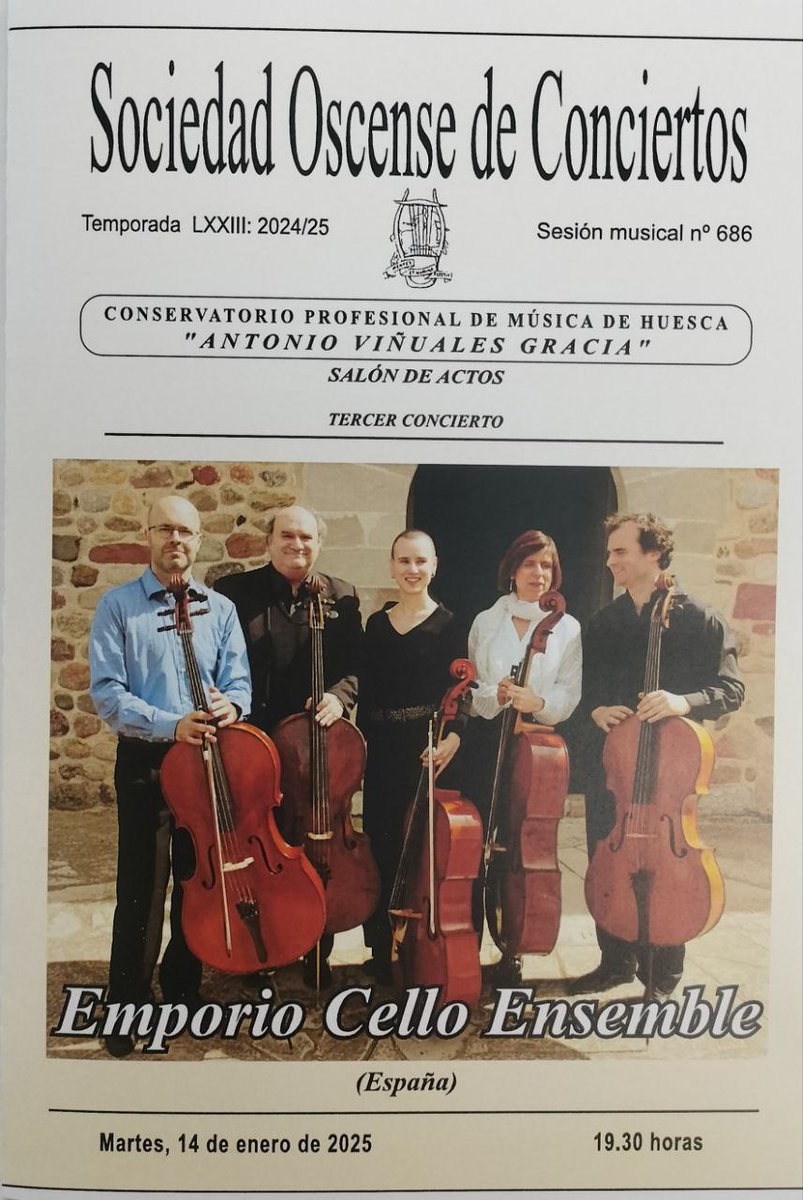 Cinco violonchelos: Concierto en Huesca de Emporion Cello Ensemble
13/01/2025

Obras de Boccherini, Beethoven, Mozart o Pau Casals, entre otros, componen el programa

Los estudiantes de @Unizar pueden solicitar entradas en el Campus de Huesca 
 campushuesca.unizar.es/noticias/cinco…
