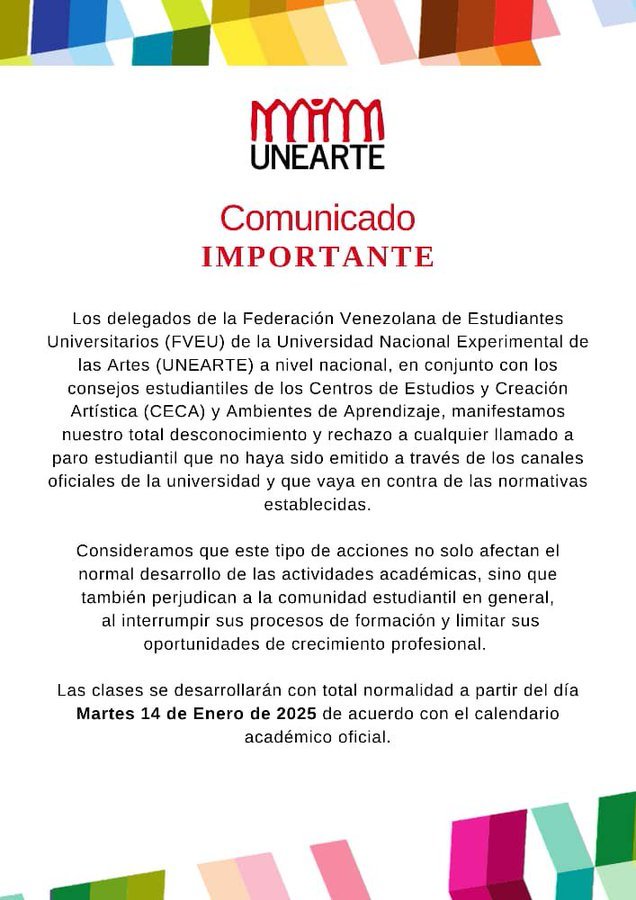 Falso !! Que los estudiantes de Unearte estén llamando a un "paro nacional", ese paro convocado por María Corina Machado está derrotado, solo su secta cree que Venezuela está paralizada..
Este es el comunicado oficial de la comunidad estudiantil de Unearte.👇