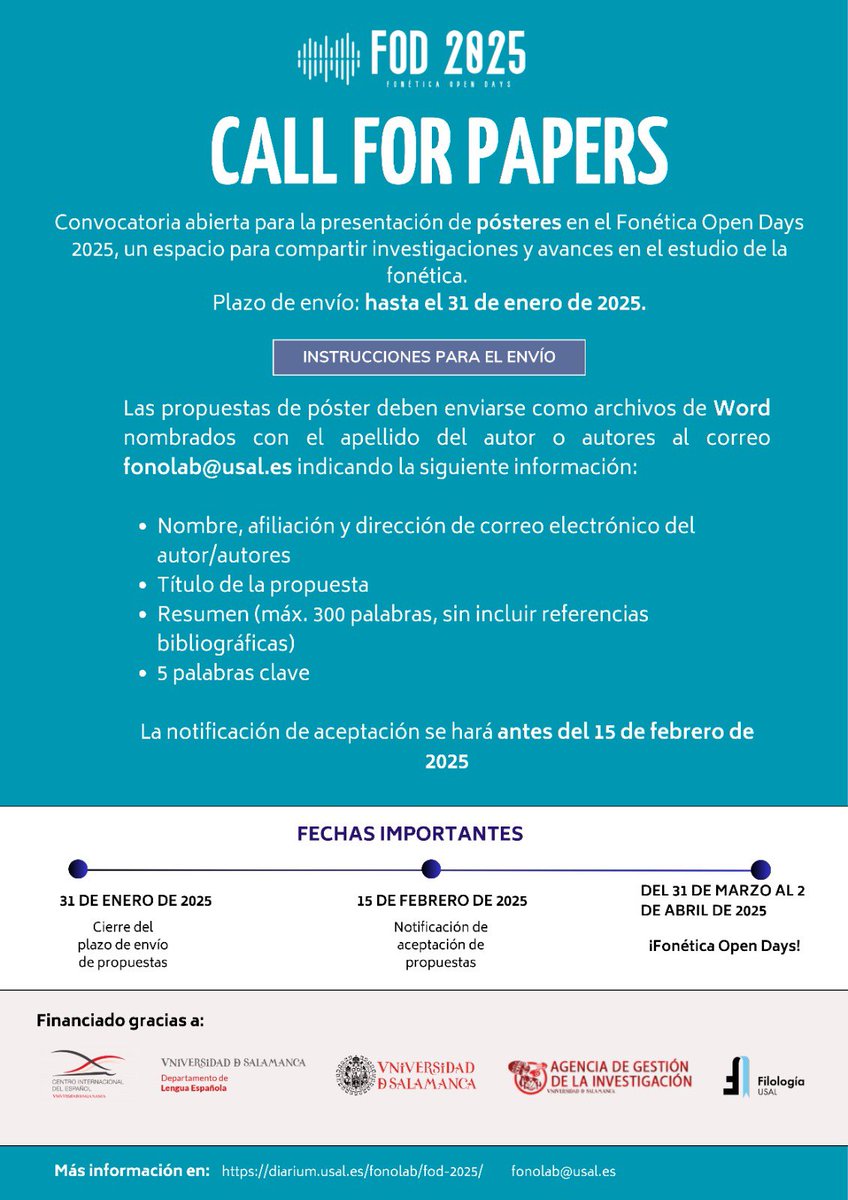 ¡Ya está disponible el call for papers de Fonética Open Days 2025! Podéis enviar las propuestas hasta el 31 de enero 🗓️
