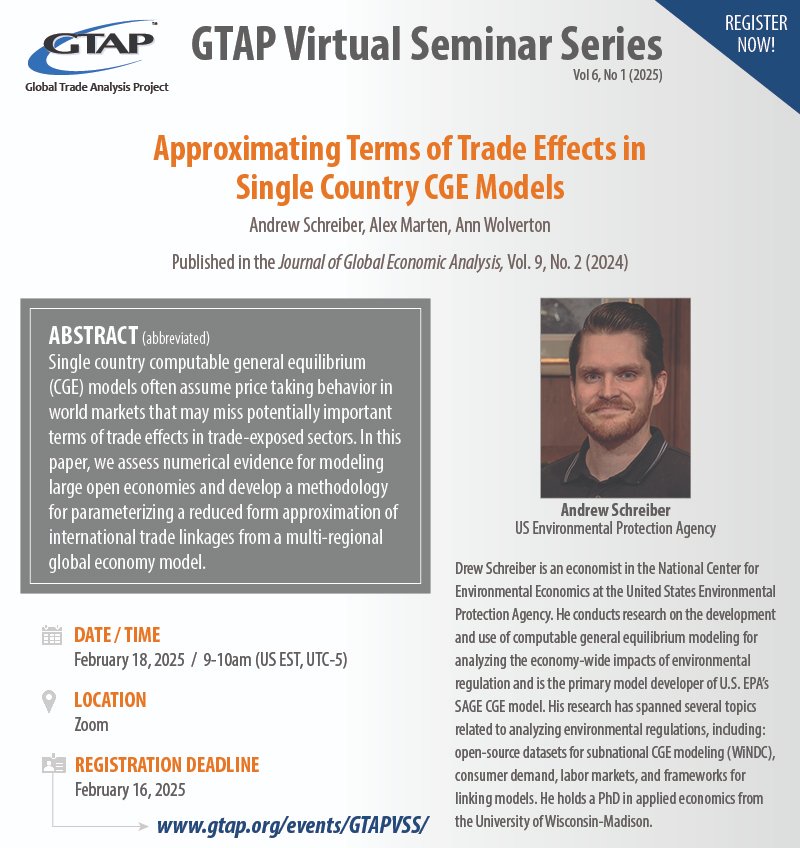 #GTAP Virtual Seminar Series

Approximating Terms of Trade Effects in Single Country CGE Models

Speaker: Andrew Schreiber

 🗓️ February 18 (register by Feb 16)
 🕘 9-10am (US Eastern, UTC-5) 
 📍 Zoom

gtap.org/events/GTAPVSS/

#GTAPVirtualSeminarSeries #GTAPVSS <a href="/JGEA_GTAP/">Journal of Global Economic Analysis</a> #JGEA