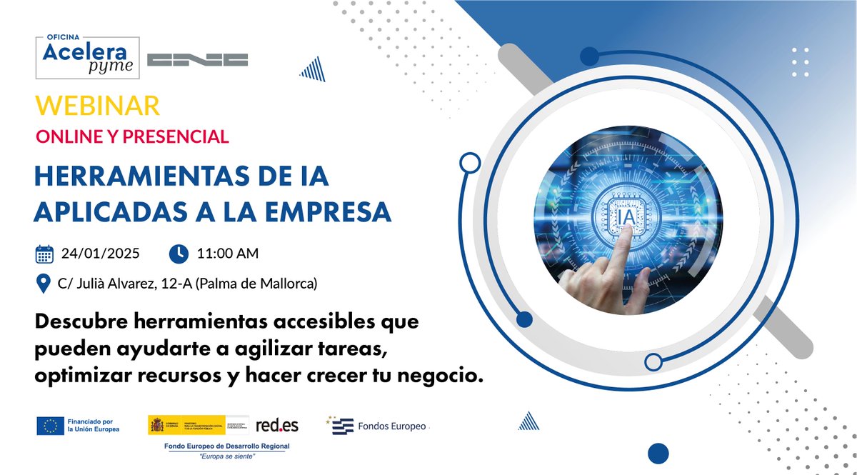 En este webinar te mostraremos de forma sencilla y práctica cómo algunas herramientas de IA pueden ayudarte a hacer crecer tu negocio 🙌🙌

 📅 Fecha: 24 de enero de 2025
⏰ Hora: 11:00 h
📍Calle Julià Álvarez, 12-A (Palma de Mallorca)

🔗¡Regístrate ya, te esperamos! 👩‍💻