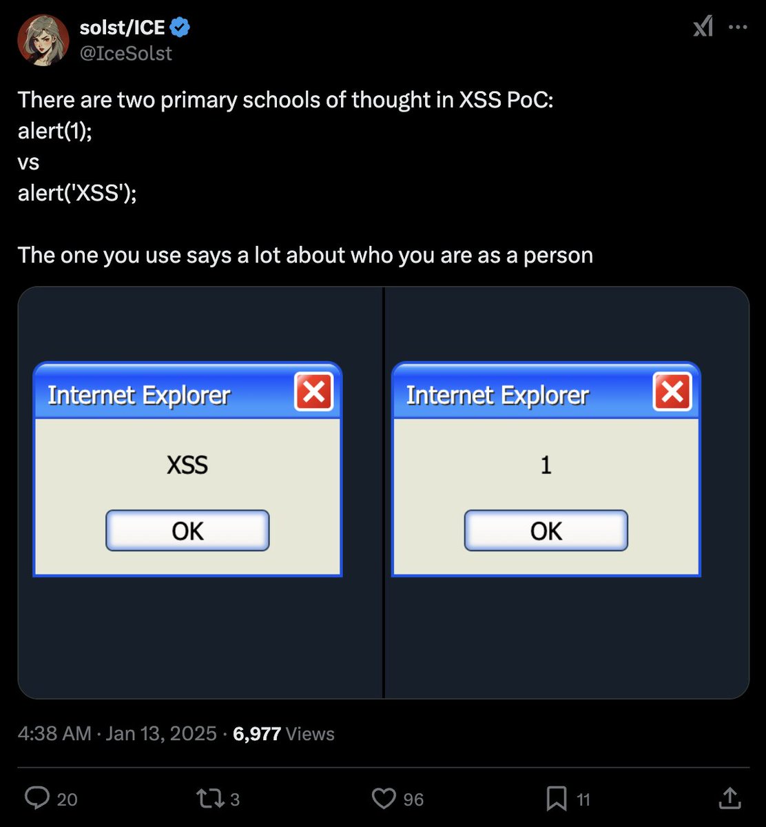 LiveOverflow's tweet photo. Wrong. Do alert(document.domain) instead. https://t.co/WlEsNuTK70